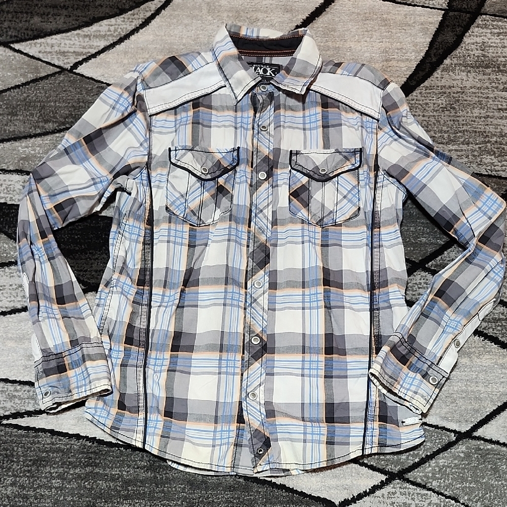 BUCKLE BLACK SLIM-FIT PLAID SNAP-BUTTON EMBROIDERED LONG-SLEEVED SHIRT